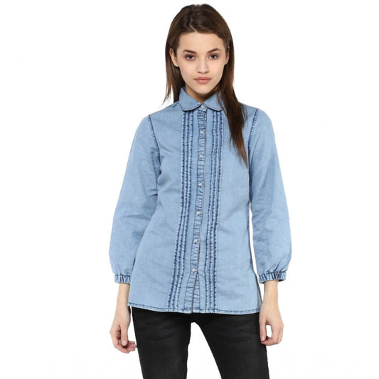 Amfyn Women's Denim Solid 3-4th Sleeves Standard Length Shirt (Blue)