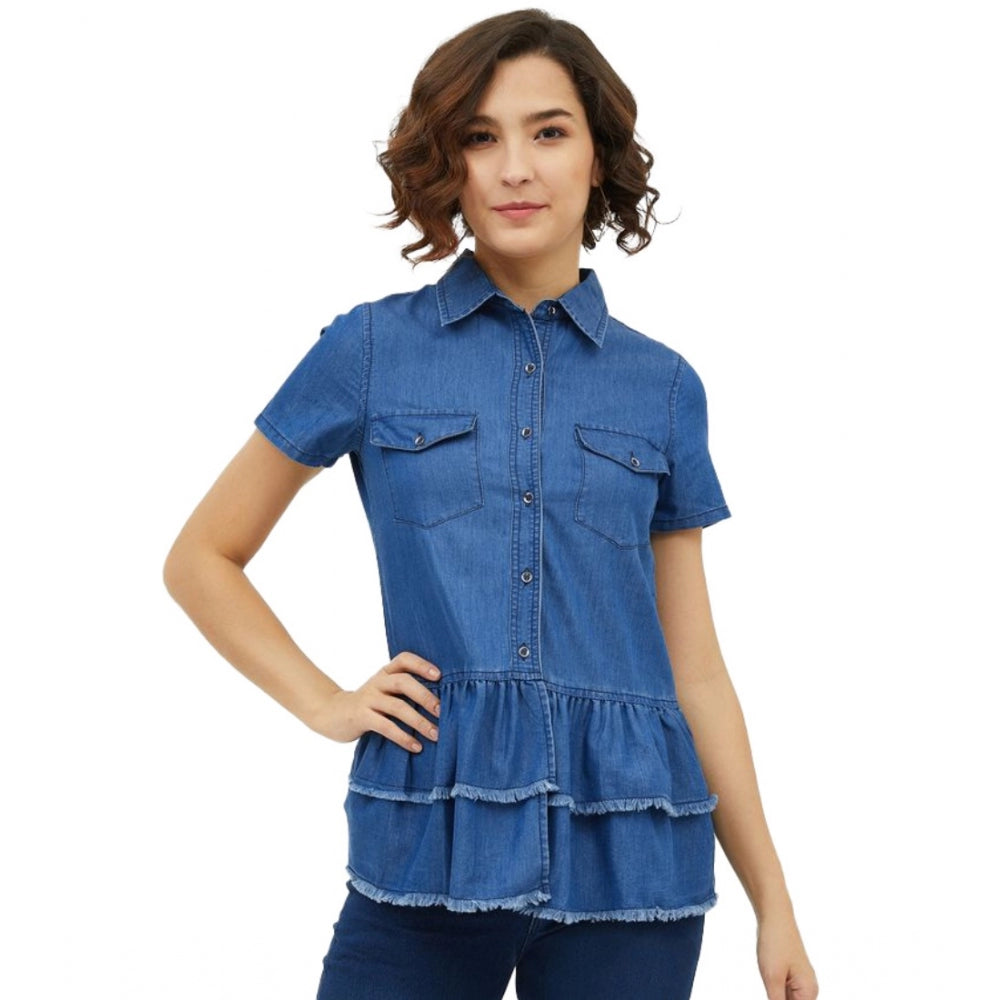 Amfyn Women's Denim Peplum Short Sleeve Top (Blue)