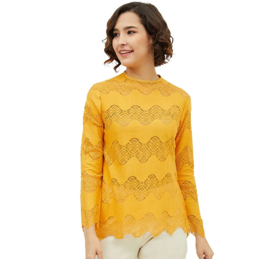 Amfyn Women's Cotton Lace Inserts Long Sleeves Top (Yellow)