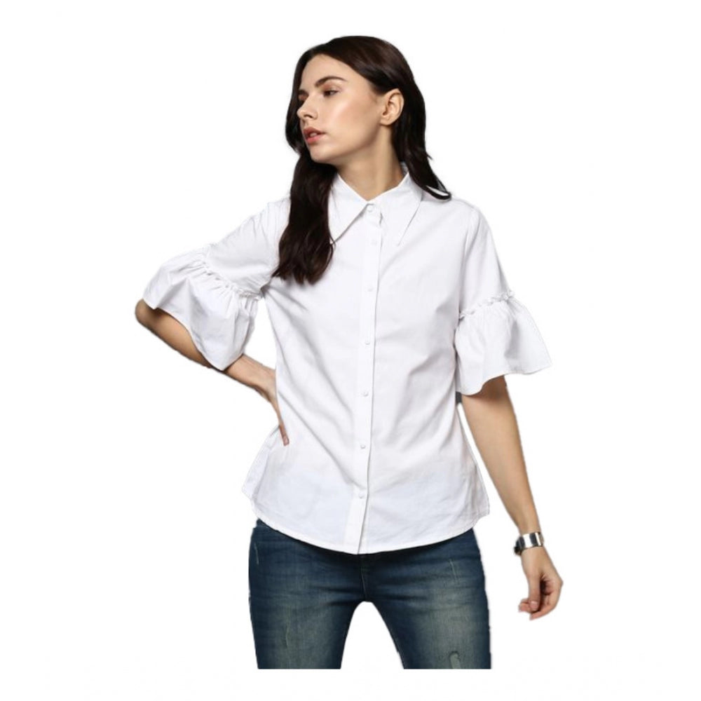 Amfyn Women's Cotton Solid Bell Sleeve Top (White)