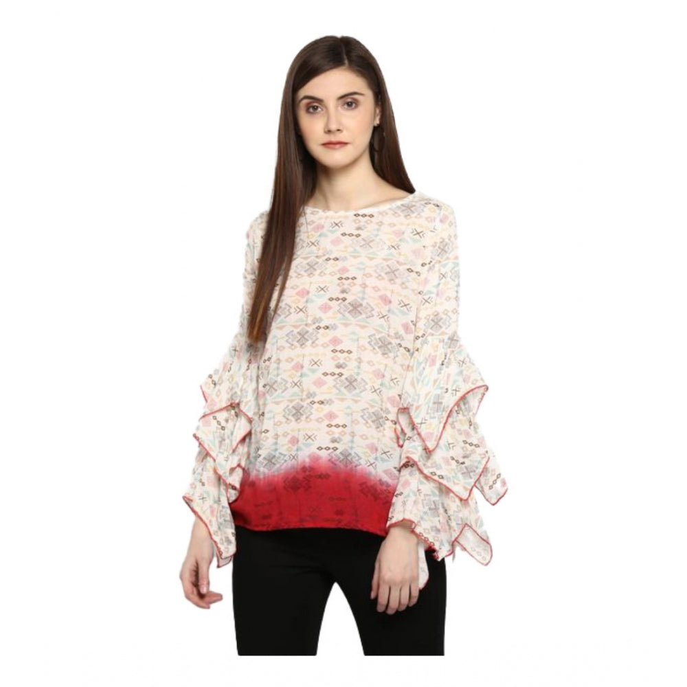 Amfyn Women's Rayon Crepe Printed Ruffle Sleeve Top (Off White - Red)