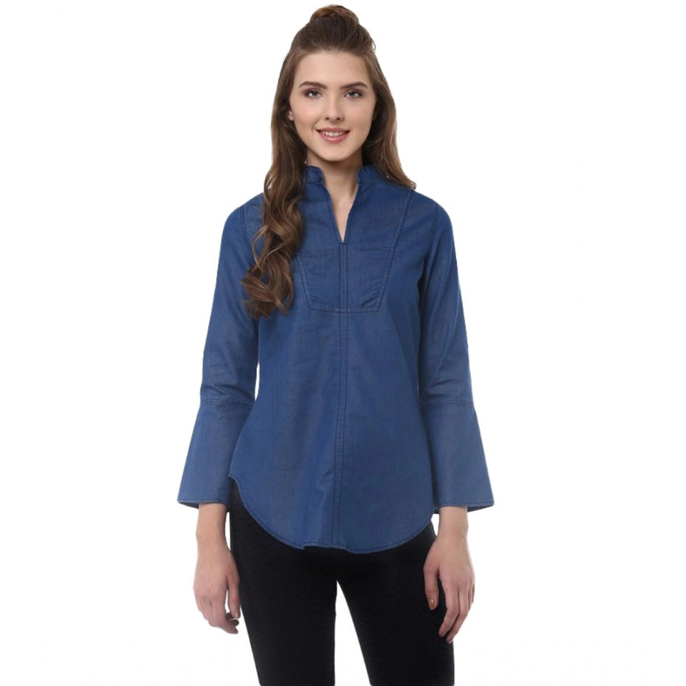 Amfyn Women's Denim Solid Bell Sleeve Regular Top (Blue Denim)