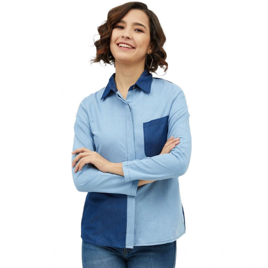 Amfyn Women's Denim Patch Work Long Sleeves Standard Length Shirt (Blue)