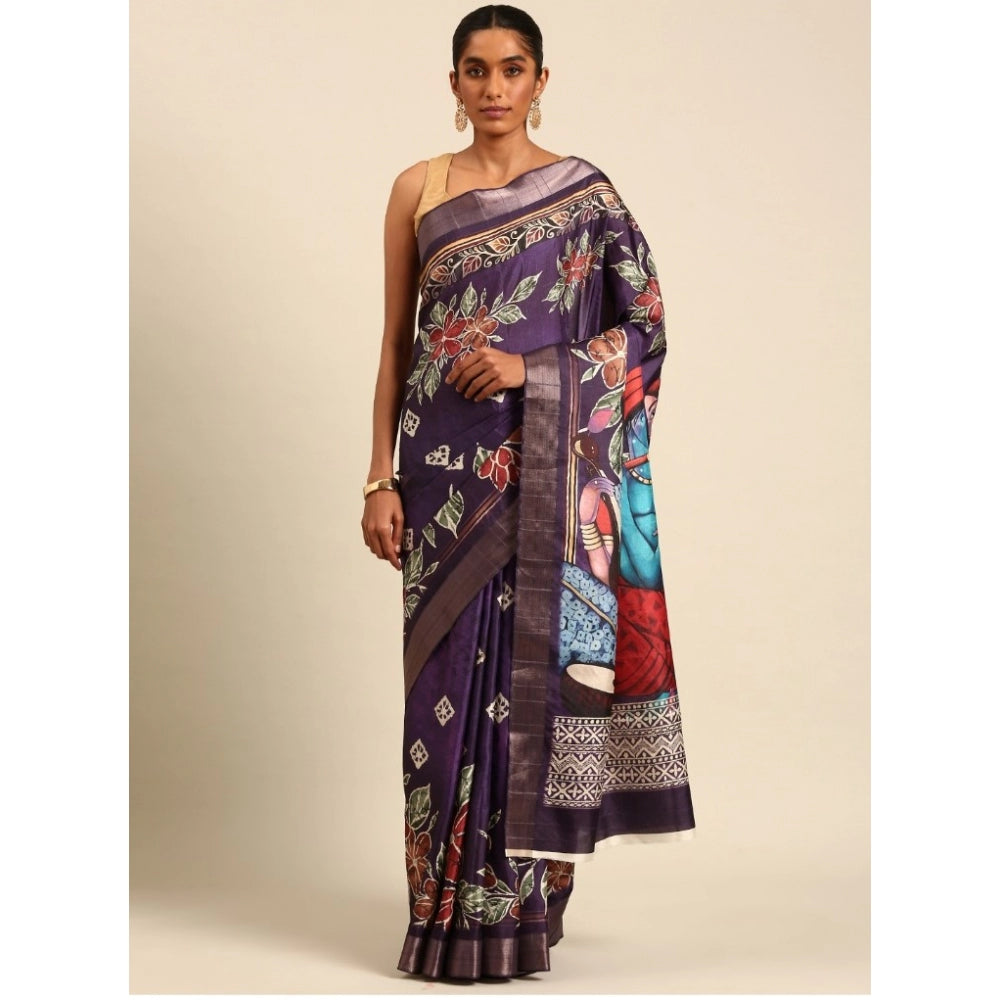 Amfyn Women's Cotton Printed Saree With Unstitched Blouse 5.5Mtr (Purple-Pink)