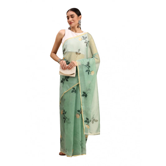 Amfyn Women's Organza Printed Saree With Unstitched Blouse 5.5Mtr (Sea Green)