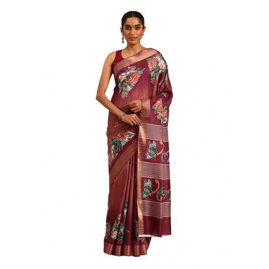 Amfyn Women's Cotton Printed Saree With Unstitched Blouse 5.5Mtr (Brown)