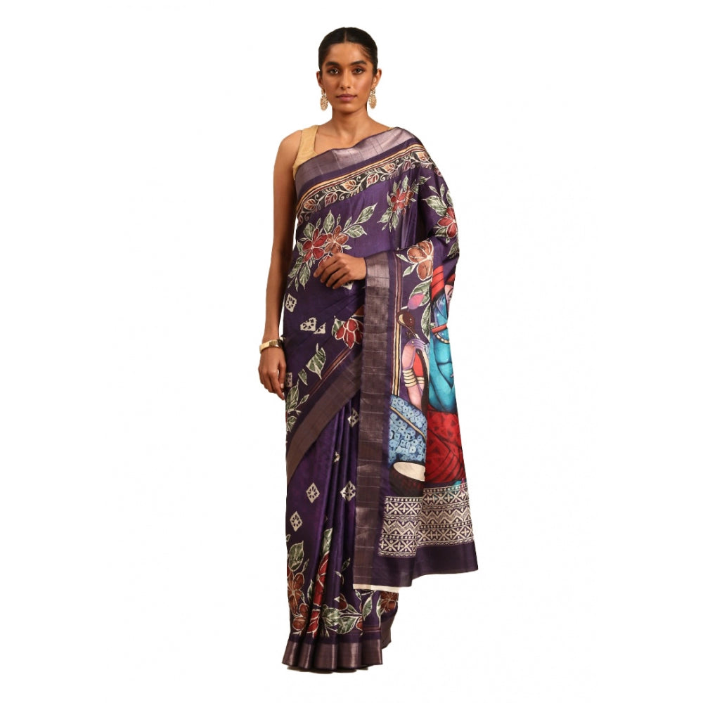 Amfyn Women's Cotton Printed Saree With Unstitched Blouse 5.5Mtr (Purple-Pink)