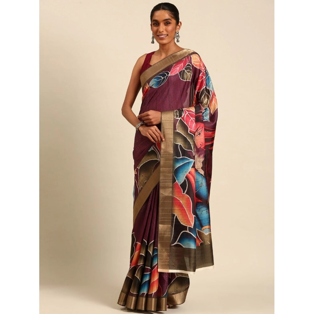 Amfyn Women's Cotton Printed Saree With Unstitched Blouse 5.5Mtr (Maroon)