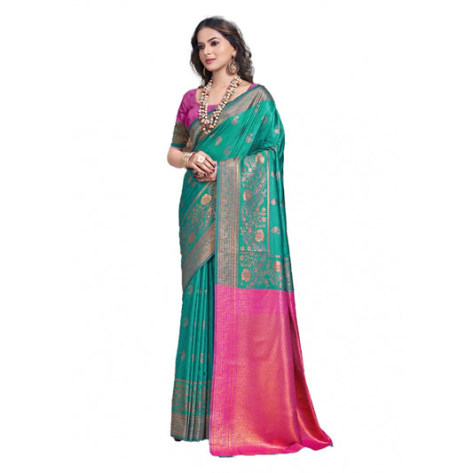 Amfyn Women's Silk Woven Design Saree With Unstitched Blouse 5.5Mtr (Teal-Green)