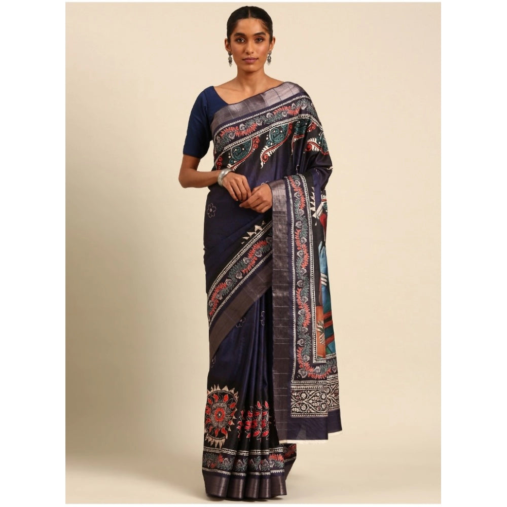 Amfyn Women's Cotton Printed Saree With Unstitched Blouse 5.5Mtr (Navy-Blue)