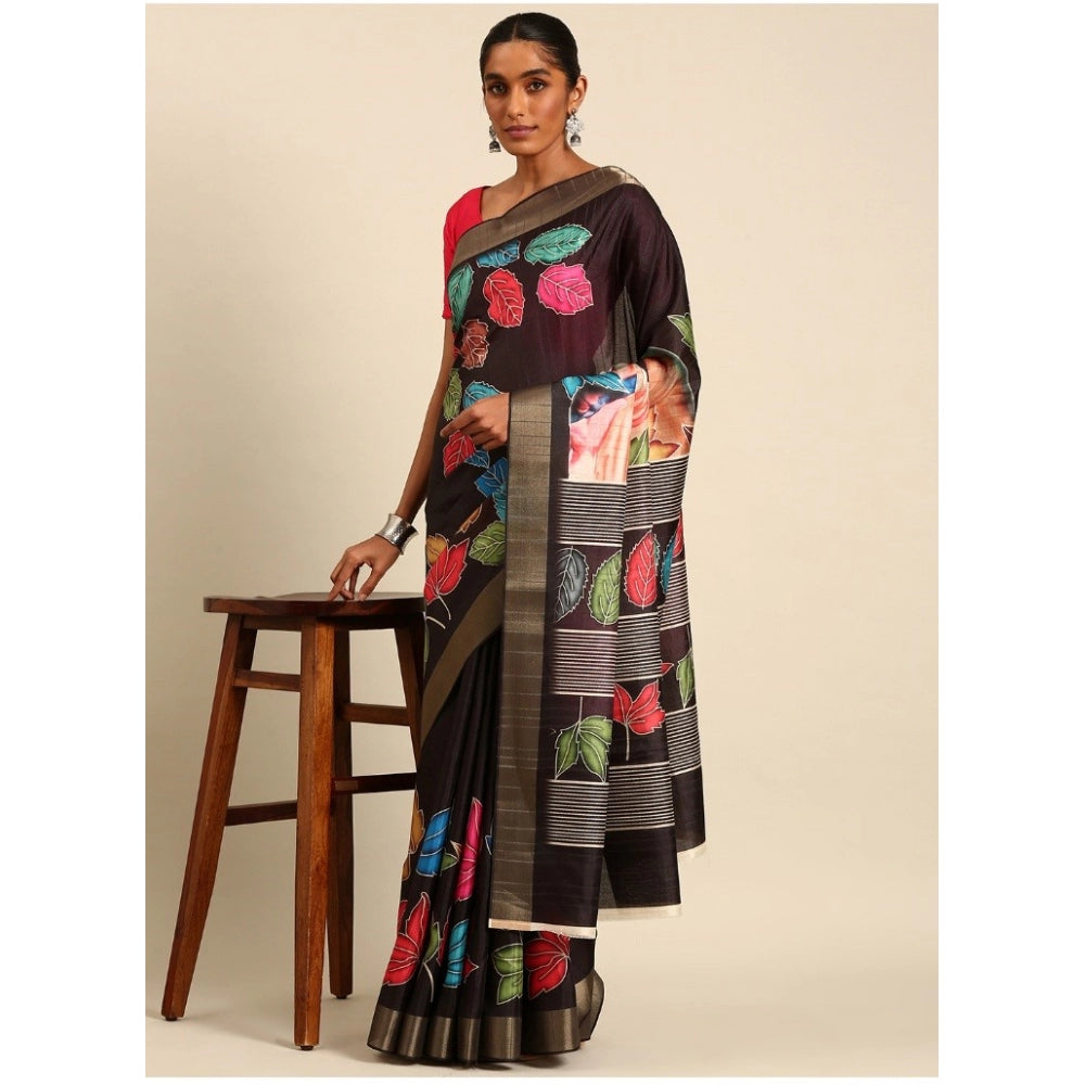 Amfyn Women's Cotton Printed Saree With Unstitched Blouse 5.5Mtr (Black)