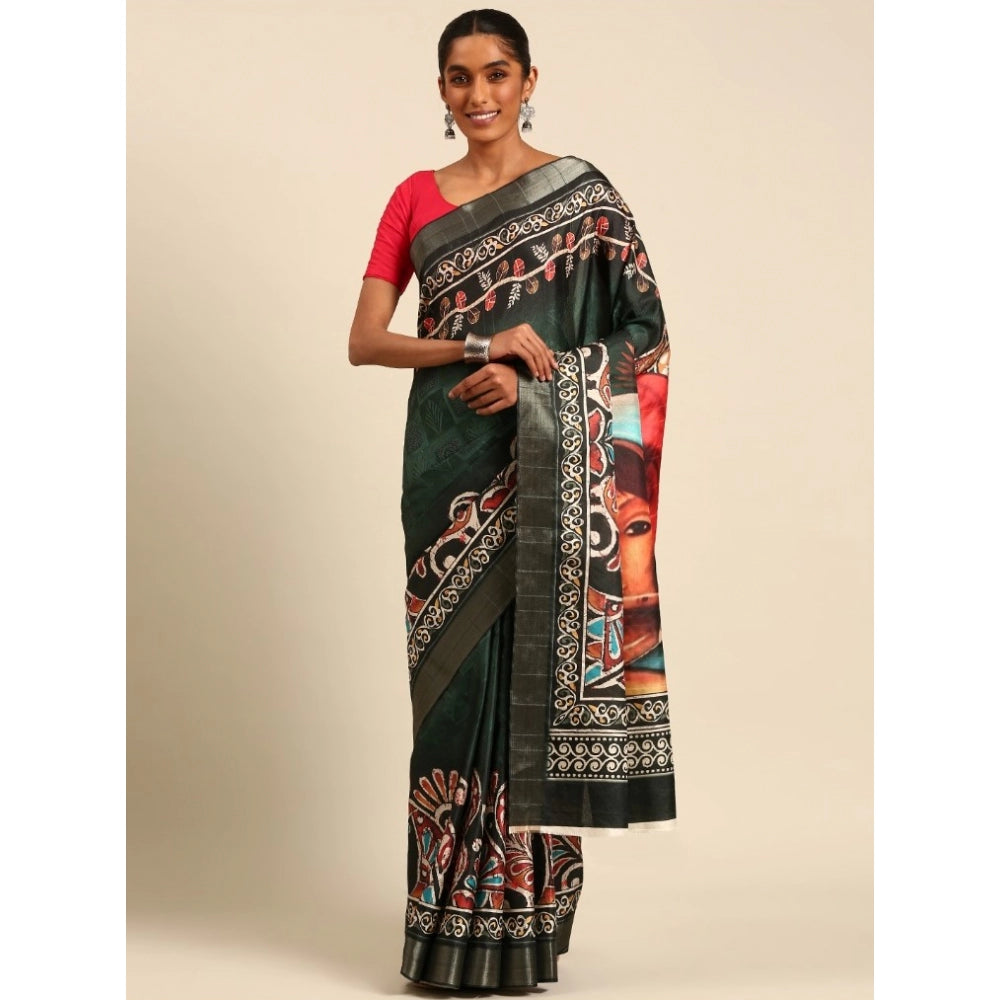 Amfyn Women's Cotton Printed Saree With Unstitched Blouse 5.5Mtr (Green)