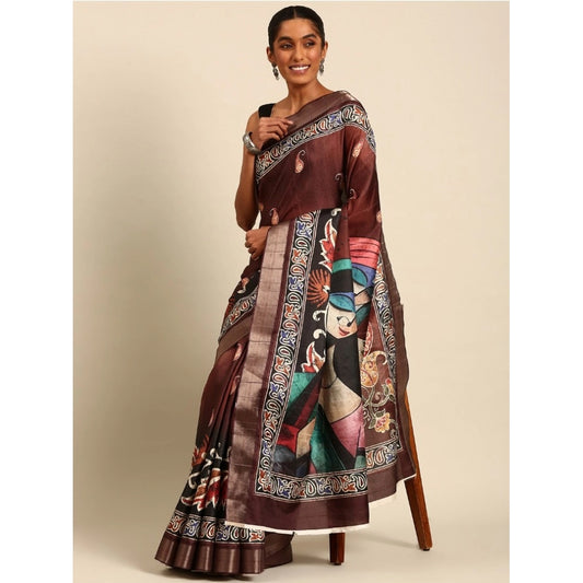 Amfyn Women's Cotton Printed Saree With Unstitched Blouse 5.5Mtr (Brown)