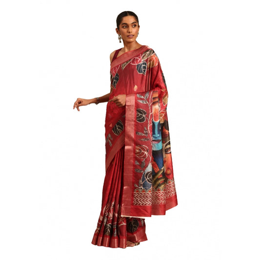 Amfyn Women's Cotton Printed Saree With Unstitched Blouse 5.5Mtr (Red)