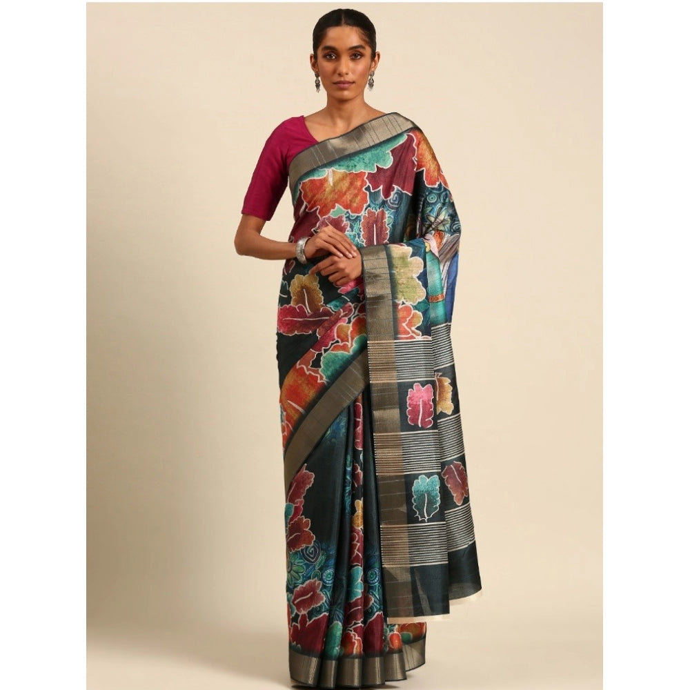 Amfyn Women's Cotton Printed Saree With Unstitched Blouse 5.5Mtr (Multicolor)