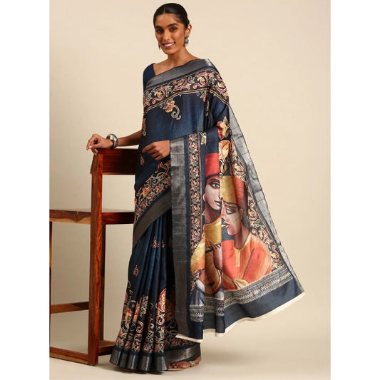 Amfyn Women's Cotton Printed Saree With Unstitched Blouse 5.5Mtr (Navy-Blue)