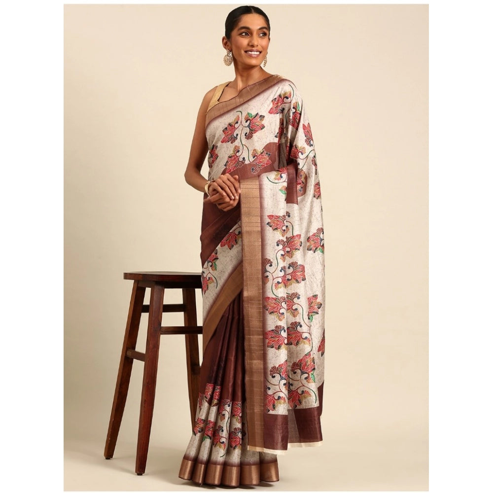 Amfyn Women's Cotton Printed Saree With Unstitched Blouse 5.5Mtr (Cream)