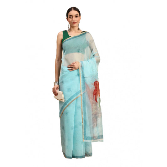 Amfyn Women's Organza Printed Saree With Unstitched Blouse 5.5Mtr (Sky Blue)