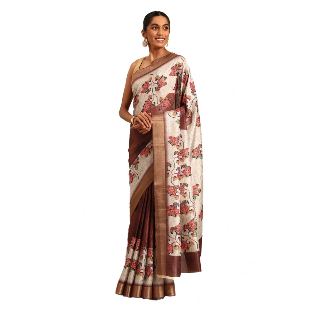 Amfyn Women's Cotton Printed Saree With Unstitched Blouse 5.5Mtr (Cream)