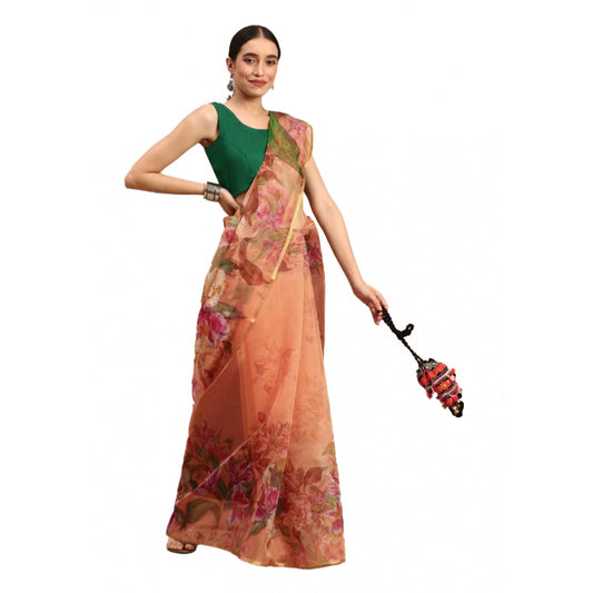 Amfyn Women's Organza Printed Saree With Unstitched Blouse 5.5Mtr (Peach)