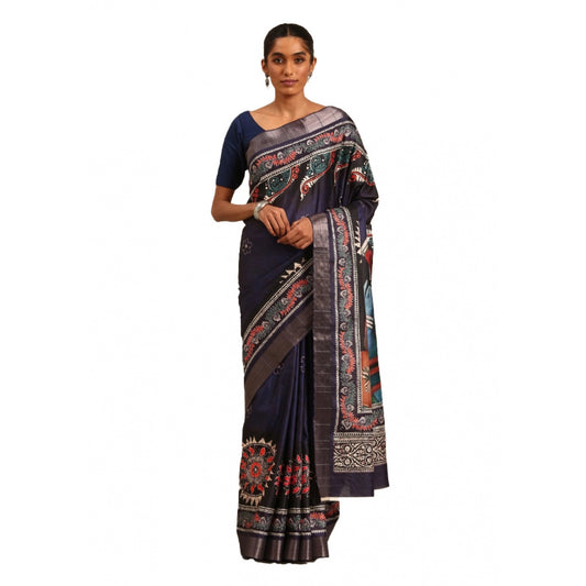 Amfyn Women's Cotton Printed Saree With Unstitched Blouse 5.5Mtr (Navy-Blue)