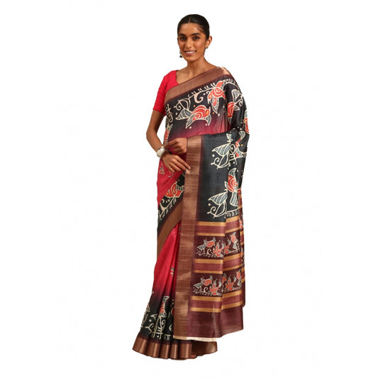 Amfyn Women's Cotton Printed Saree With Unstitched Blouse 5.5Mtr (Pink-Black)