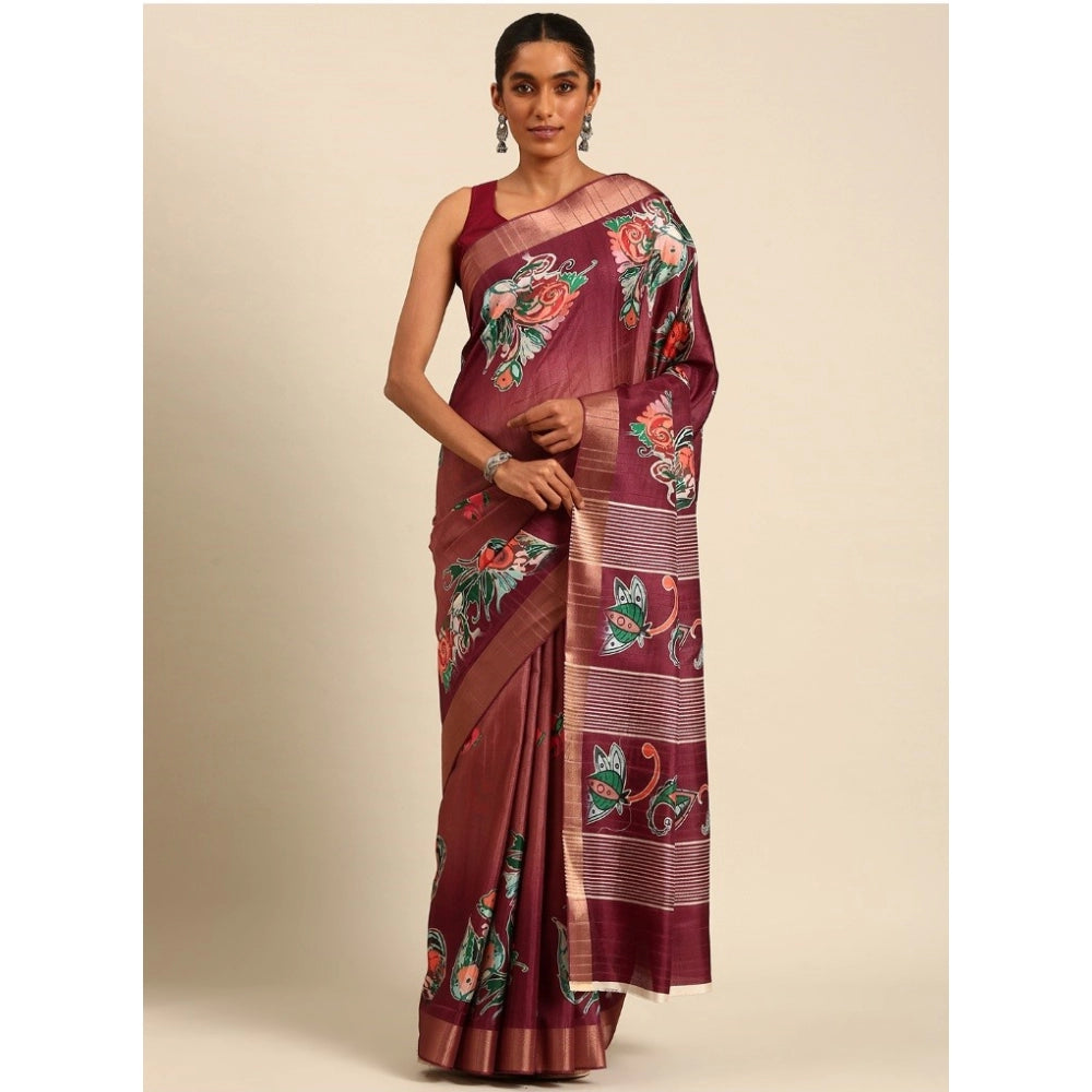 Amfyn Women's Cotton Printed Saree With Unstitched Blouse 5.5Mtr (Brown)