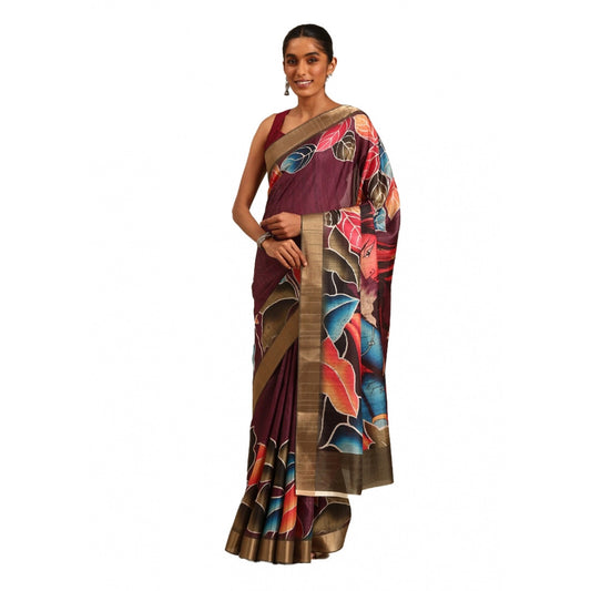 Amfyn Women's Cotton Printed Saree With Unstitched Blouse 5.5Mtr (Maroon)