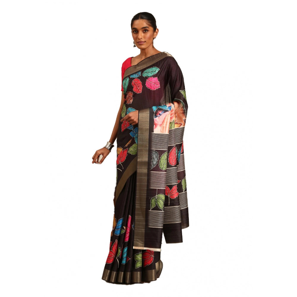 Amfyn Women's Cotton Printed Saree With Unstitched Blouse 5.5Mtr (Black)