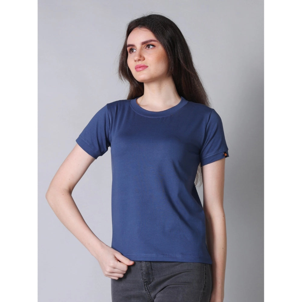 Amfyn Women's Cotton Blended Solid Round Neck Half Sleeve T-Shirt (Blue)