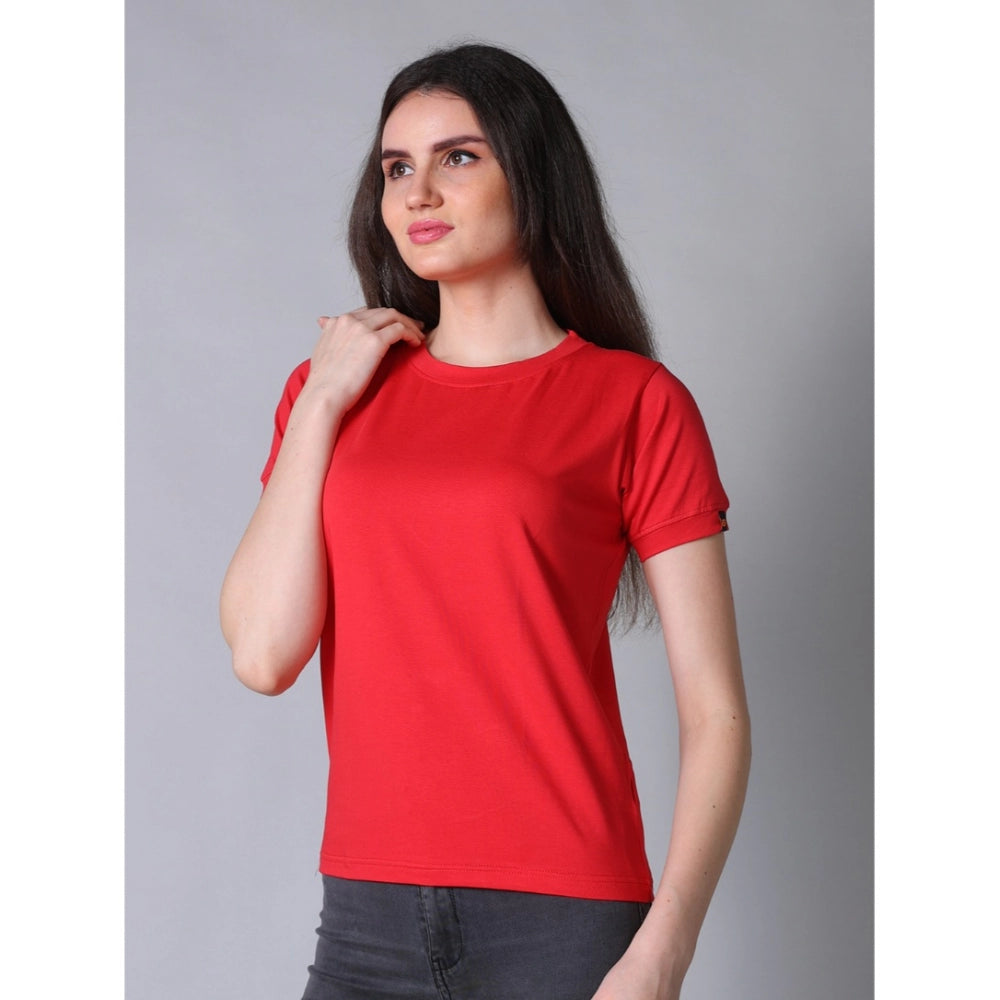 Amfyn Women's Cotton Blended Solid Round Neck Half Sleeve T-Shirt (Red)