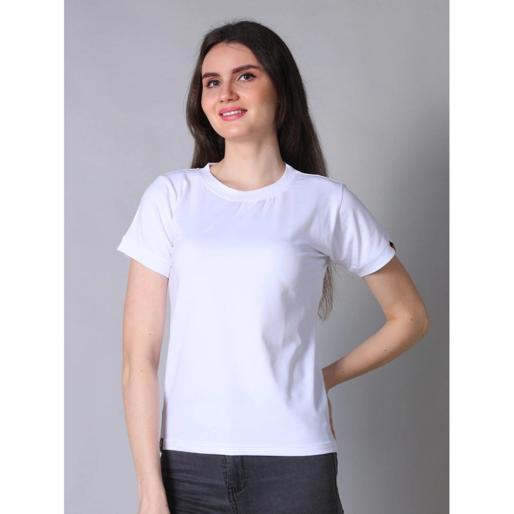 Amfyn Women's Cotton Blended Solid Round Neck Half Sleeve T-Shirt (White)