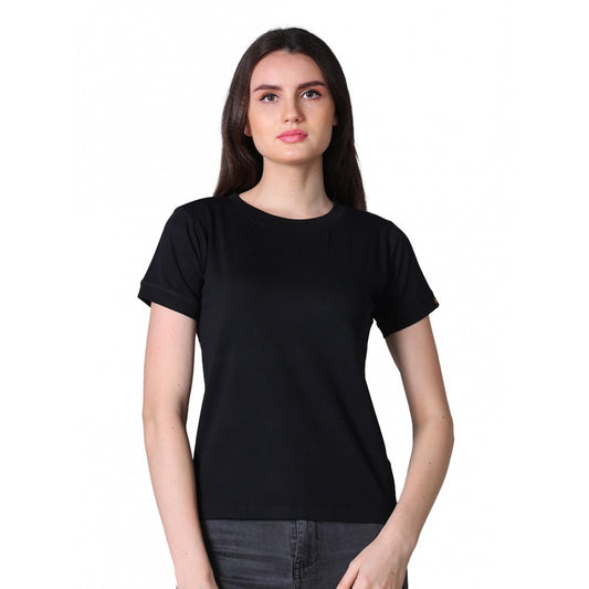 Amfyn Women's Cotton Blended Solid Round Neck Half Sleeve T-Shirt (Black)