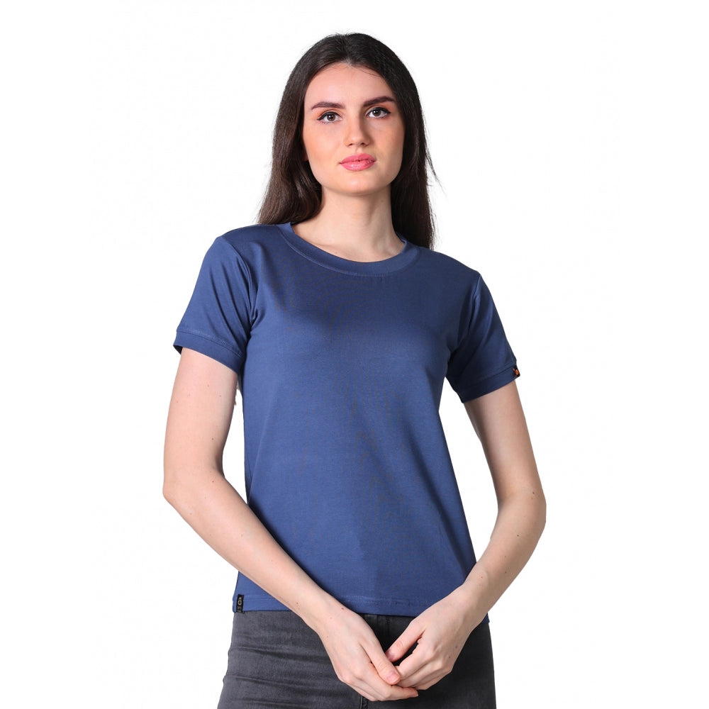 Amfyn Women's Cotton Blended Solid Round Neck Half Sleeve T-Shirt (Blue)