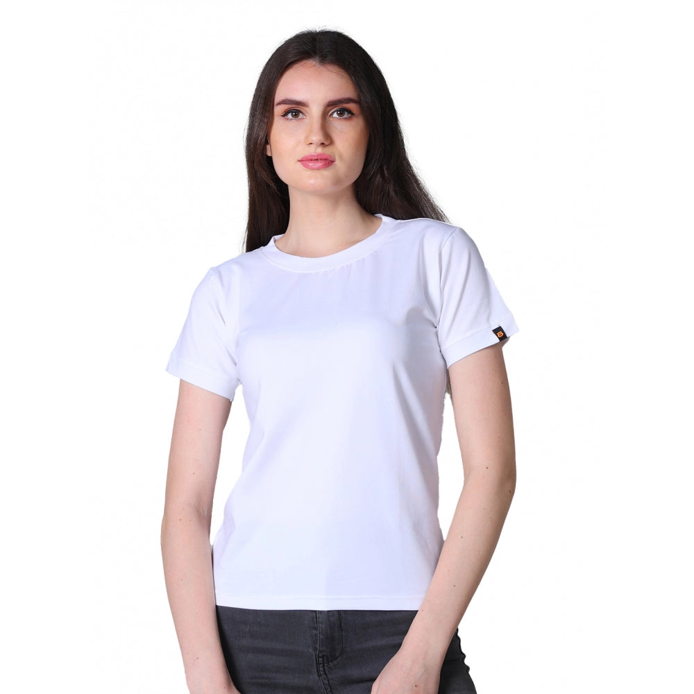 Amfyn Women's Cotton Blended Solid Round Neck Half Sleeve T-Shirt (White)