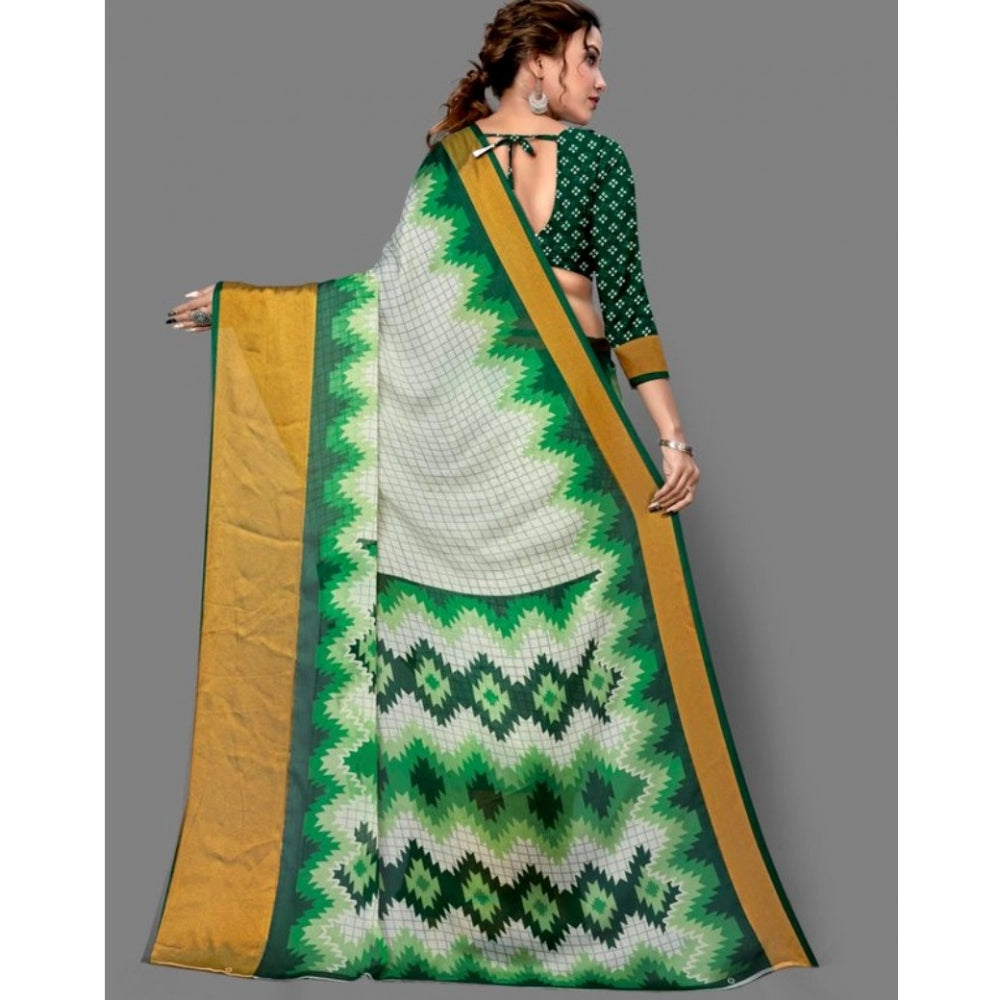 Amfyn Women's Chiffon Printed Saree With Unstitched Blouse (Green, 5-5 Mtrs)