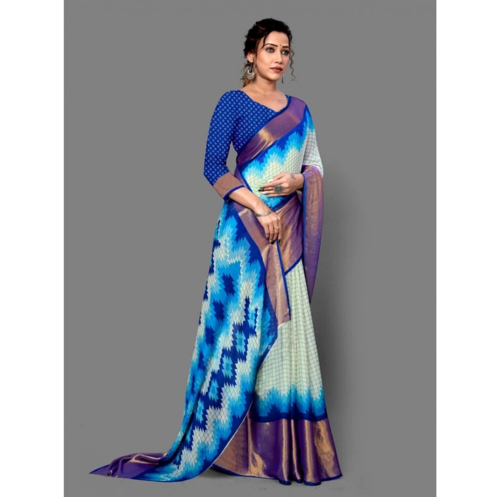 Amfyn Women's Chiffon Printed Saree With Unstitched Blouse (Blue, 5-5 Mtrs)