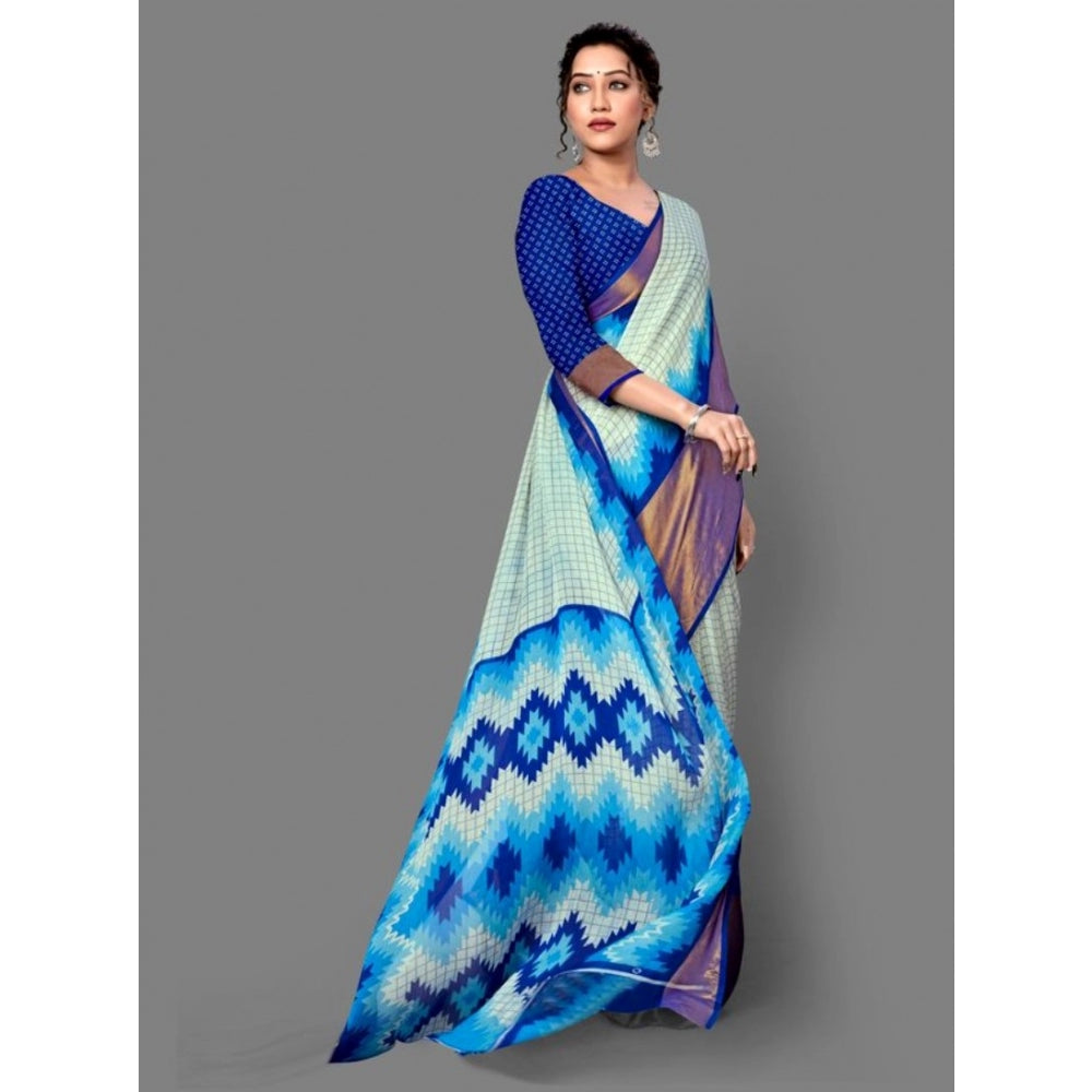 Amfyn Women's Chiffon Printed Saree With Unstitched Blouse (Blue, 5-5 Mtrs)