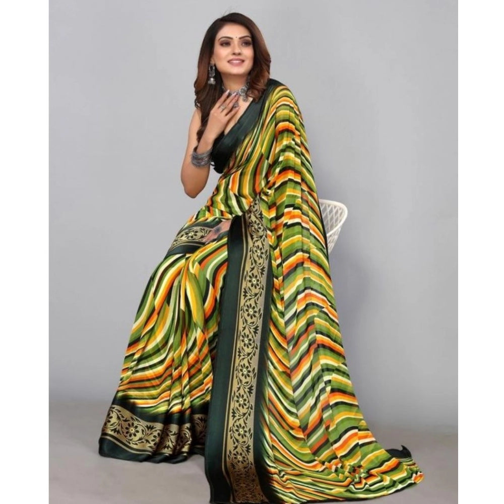 Amfyn Women's Sattin Patta Printed Saree With Unstitched Blouse (Green, 5-5 Mtrs)