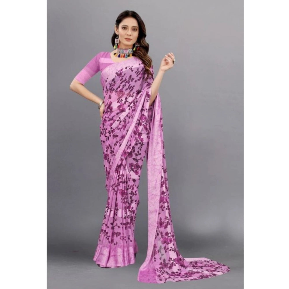 Amfyn Women's Sattin Patta Printed Saree With Unstitched Blouse (Purple, 5-5 Mtrs)