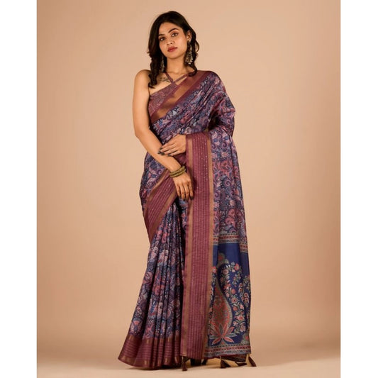 Amfyn Women's Digital Printed Saree With Unstitched Blouse (Navy, 5-5 Mtrs)