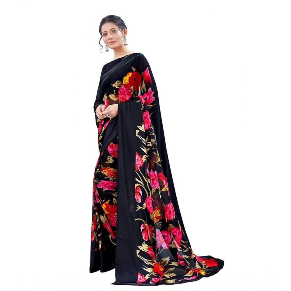 Amfyn Women's Sattin Patta Printed Saree With Unstitched Blouse (Black, 5-5 Mtrs)