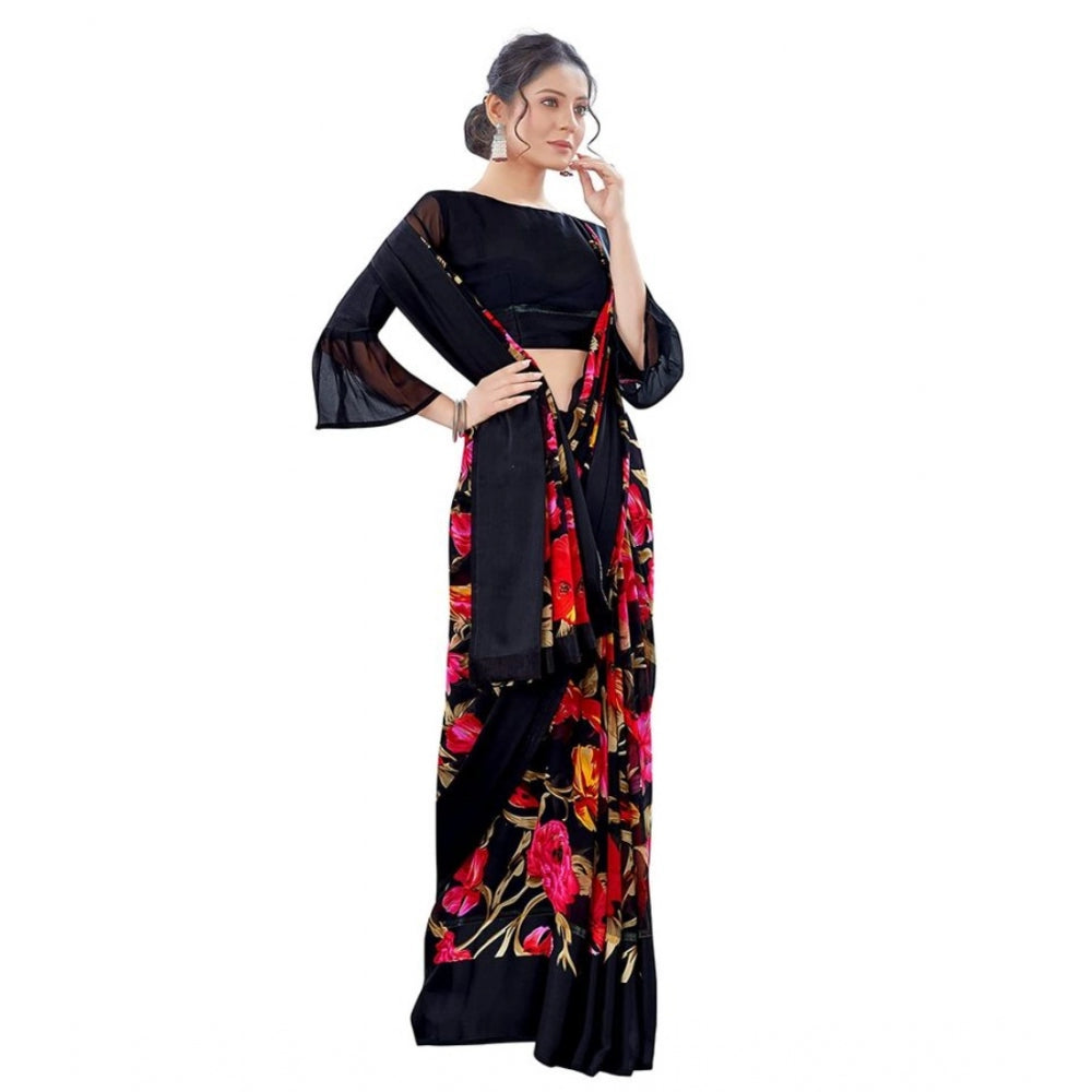 Amfyn Women's Sattin Patta Printed Saree With Unstitched Blouse (Black, 5-5 Mtrs)