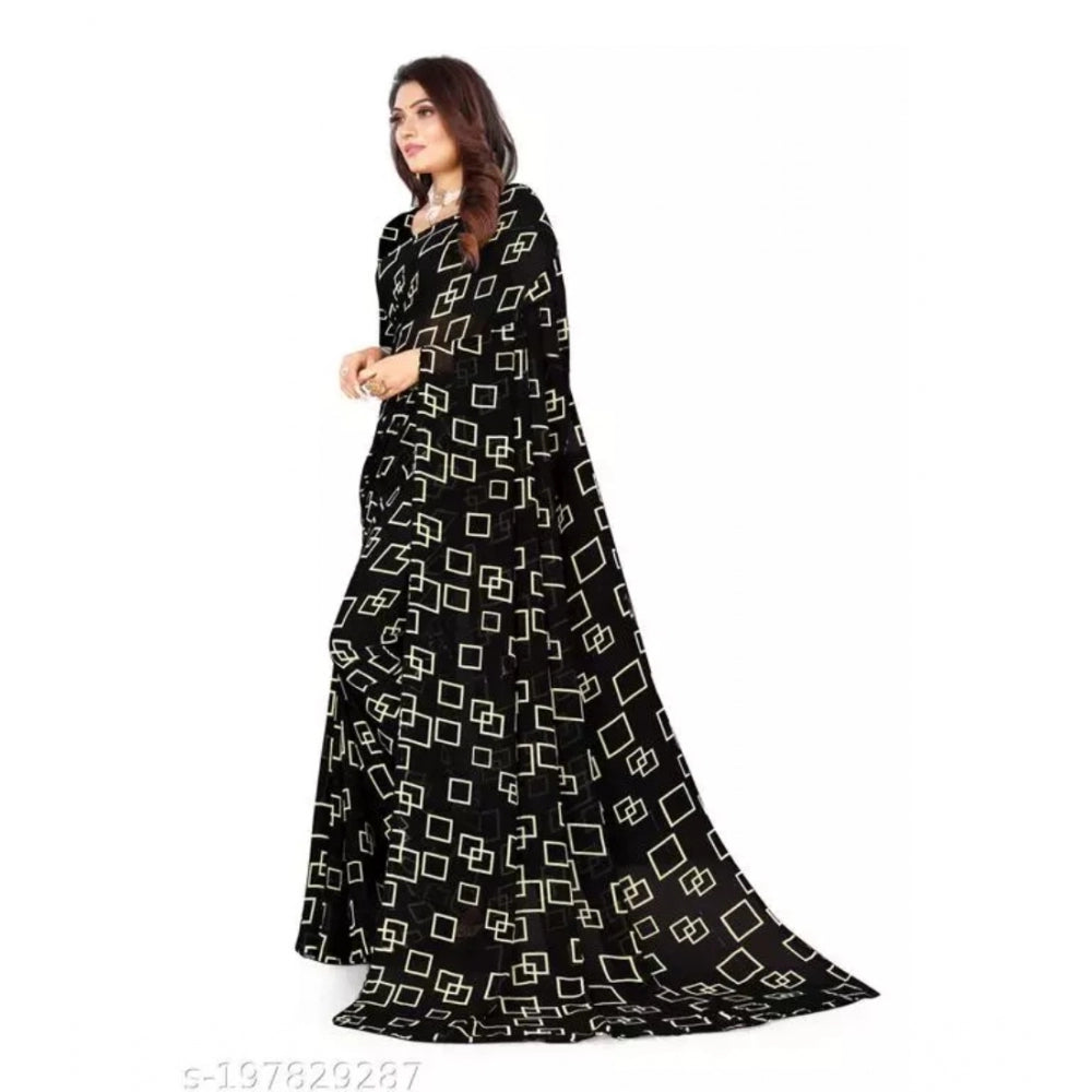 Amfyn Women's Georgette Printed Saree With Unstitched Blouse (Black, 5-5 Mtrs)