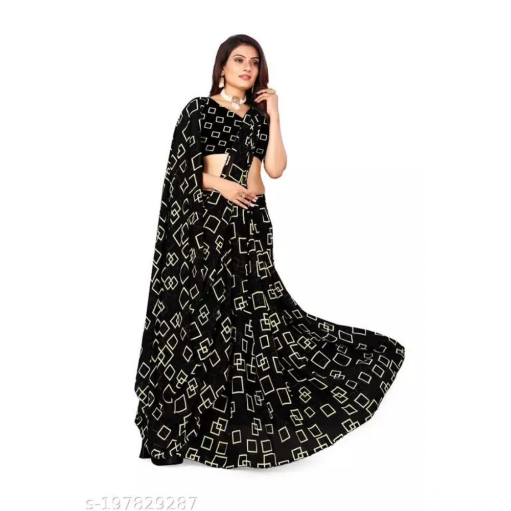 Amfyn Women's Georgette Printed Saree With Unstitched Blouse (Black, 5-5 Mtrs)