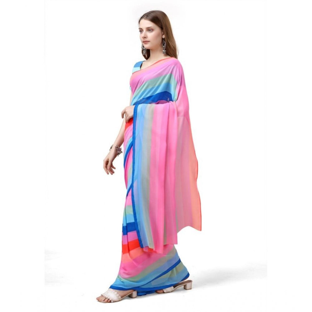 Amfyn Women's Georgette Striped Saree With Unstitched Blouse (Multicolor, 5-5 Mtrs)