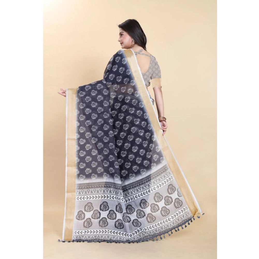 Amfyn Women's Linen Printed Saree With Unstitched Blouse (Black, 5-5 Mtrs)