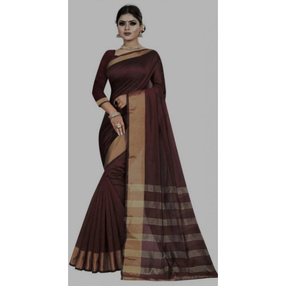 Amfyn Women's Cotton Woven Saree With Unstitched Blouse (Brown, 5-5 Mtrs)