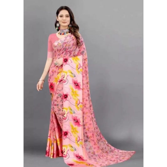 Amfyn Women's Sattin Patta Printed Saree With Unstitched Blouse (Pink, 5-5 Mtrs)