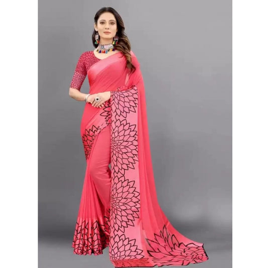 Amfyn Women's Sattin Patta Printed Saree With Unstitched Blouse (Pink, 5-5 Mtrs)